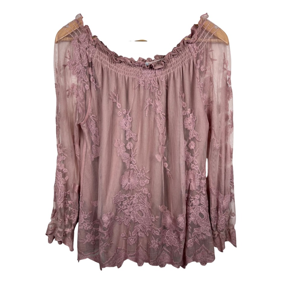 Paradiso Boho Romantic Floral Embroidered Mesh Off Shoulder Top L Dusty Rose